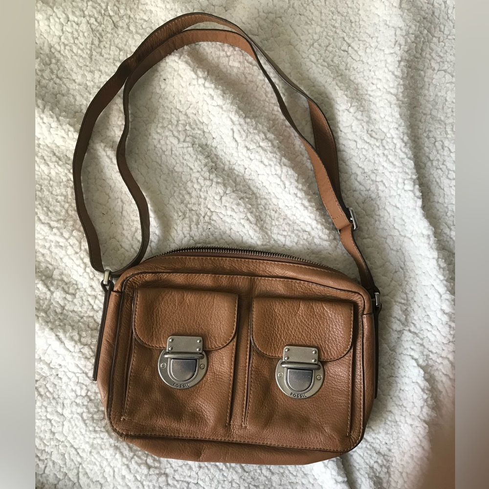 Fossil Leather Riley tan leather Crossbody Bag purse